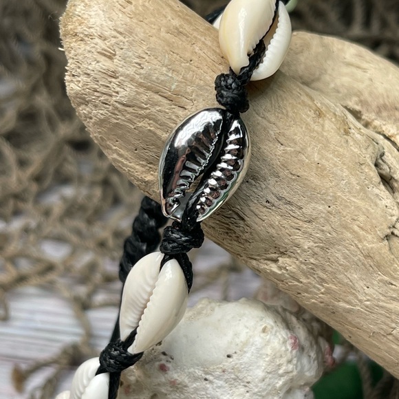 NEW Real Cowrie Shells w Silver on Black Soft wax Cording Bracelet &/or Anklet - Picture 6 of 9